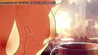 젖 분비 헨타이 베이비가 커피 컵에 젖 뿜는 애니메이션