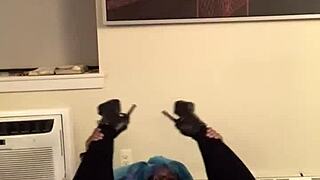 Halloween cosplay with hazelnutxxx in blue hair showing shaved pussy for secret fun