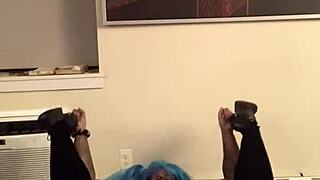 Halloween cosplay with hazelnutxxx in blue hair showing shaved pussy for secret fun