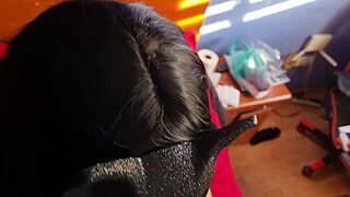 Beautiful brunette dominatrix in leather rides cock until cum explodes on her legs