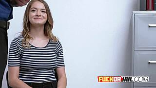 How does this beautiful shoplifter brunette get her pussy drilled?