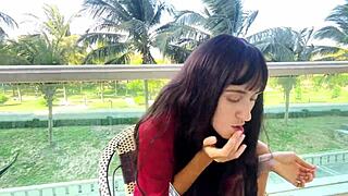 Beautiful brunette with long hair reveals makeup secrets for flawless face