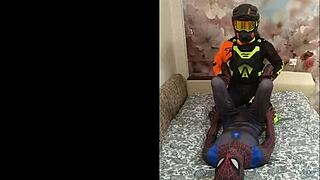 spiderman and biker sharing intense gay passion in spandex