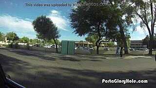 Redhead at Porta Gloryhole Gets Mouth Stuffed with Cum in Public