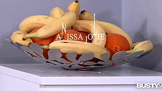 Busty Victoria Summers stuffs shaved pussy with banana for fun