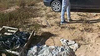 tire punctured, asked for help, almost caught while showing big ass and tits