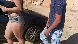 tire punctured, asked for help, almost caught while showing big ass and tits