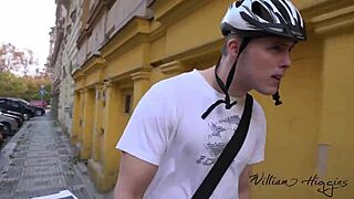 Bareback gay top spreads courier's ass for intense sex session in the office