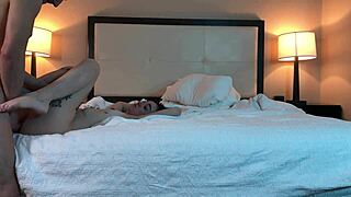 in the bedroom, the hot tatted petite teen gets roughly fucked in missionary by her lover