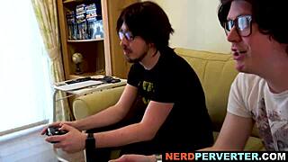 Does the blonde beauty enjoy sucking two cocks?