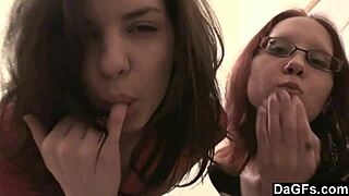 Two teen lesbians with small tits play on webcam in bedroom. They giggle and explore.