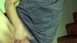 wife with tattoo and piercing rubs shaved pussy on stairs