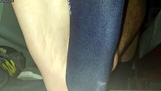 Blue sweaty socks and bare feet end with a sticky cumshot.