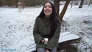 Public Agent Spots Spanish Brunette Flashing Big Natural Tits in Snowy Outdoor Scene