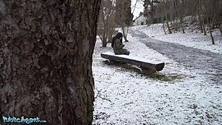 Public Agent Spots Spanish Brunette Flashing Big Natural Tits in Snowy Outdoor Scene