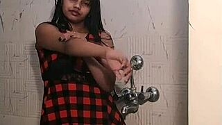 indian teen strips in bathroom revealing tight wet pussy for solo play