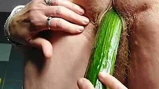 old german granny bangs her hairy slit with a cucumber in wild action