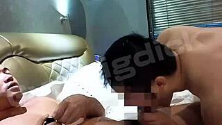 Couple of handsome gay Asian amateurs banging bareback with passion