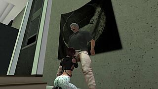 in second life episode 11, young brunette swallows grandpa's creampie after blowjob