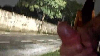 Doing a risky handjob on the street for hot redhead at bus stop