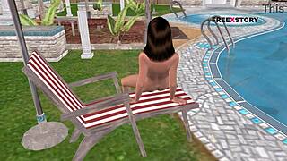 3D animated hentai featuring a girl masturbating near a pool