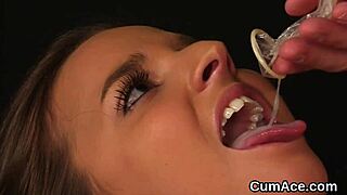 Nasty bombshell feels jizz on her face eating sperm