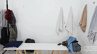 bareback gay threesome in the locker room