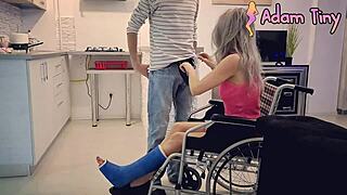 Slut with broken ankle in wheelchair gets cum on face from naughty Adeline and Adam Tiny. Her eyes got some too!