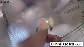 Christiana masturbates in glittering shower.
