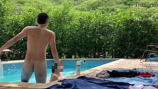 Hey Natasha and Megan, tanning naked while I clean the pool—join us for a swim?