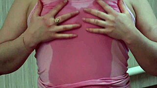 Hey, check this girl in beige pantyhose rubbing her pussy!