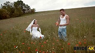 Bride4K Stunning Brunette Bride Bangs Horny Shepherd in Summer Field Outdoor Action