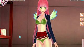 Pink hair girl tries her first time in 3D cartoon.