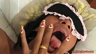 Blindfolded Ladyboy Palm Sucks Cock in Stockings for Surprise Thrill