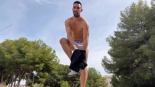 big cock stud jerks off on public trail with cumshot