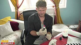 hot tattooed brunette with perfect body gets drilled during tattoo session at fakehub