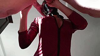 Milf in leather catsuit and platform boots fucked rough with cum on tits