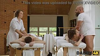 Kink for Two: Cheating Brunette Seduces Father-in-Law with Shaved Pussy Massage. European Affair Unfolds.