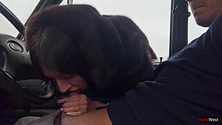 Beautiful brunette gets a huge cumshot in public garage