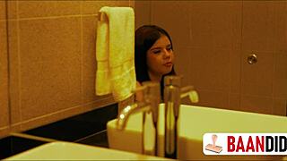 My innocent Colombian cousin can't resist cheating with me in the bathroom dirty talk