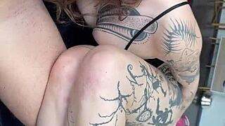 Backstage blowjob hits hard with tattooed teen’s anal toy solo