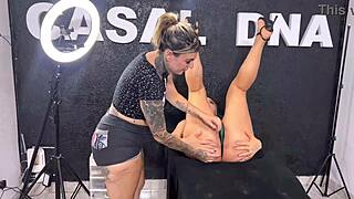 Tattooed Artist Licks Bodybuilder Client's Ass Until She Cums in Mouth