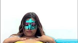 brunette student touches her big tits before exams in sexy uniform