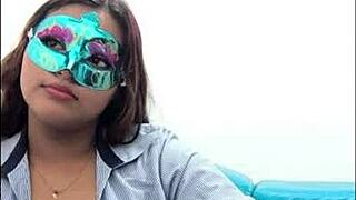 brunette student touches her big tits before exams in sexy uniform