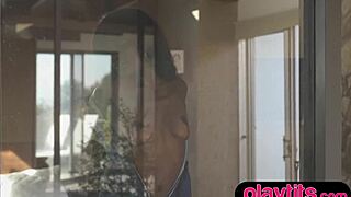 Petite ebony babe strips down to show off her naked chocolaty body and bubble butt.