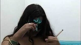 brunette student touches her big tits before exams in sexy uniform