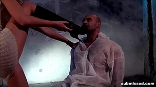 bound babe wanks a monster cock until it explodes with cum in cfnm play