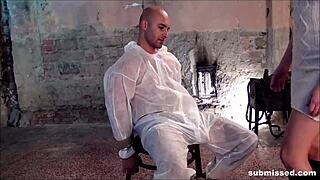 bound babe wanks a monster cock until it explodes with cum in cfnm play