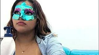 brunette student touches her big tits before exams in sexy uniform