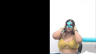 brunette student touches her big tits before exams in sexy uniform